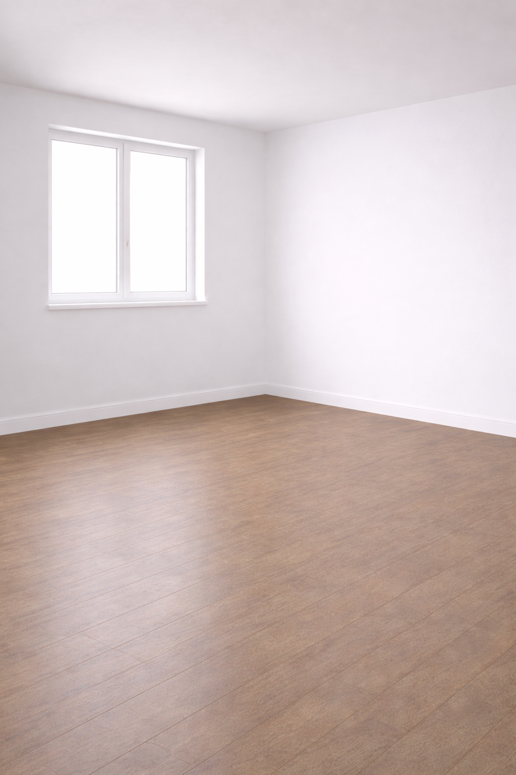 Pièce vide avec murs blancs, fenêtre et parquet.