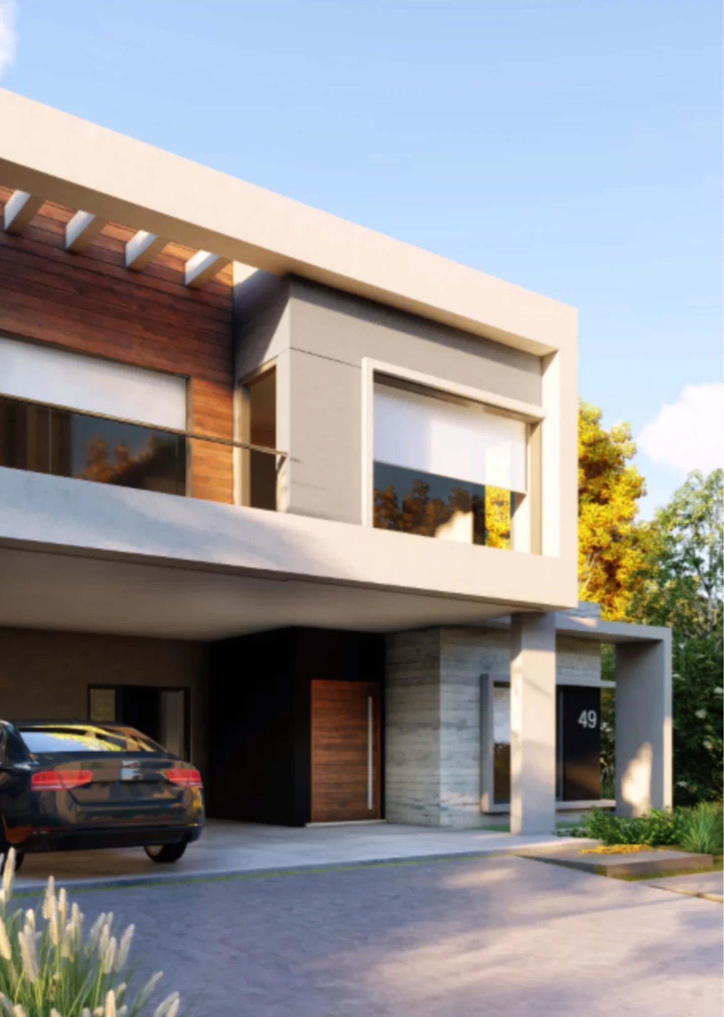 Casa moderna de dos plantas con detalles de madera, entrada para coches y un coche aparcado al atardecer
