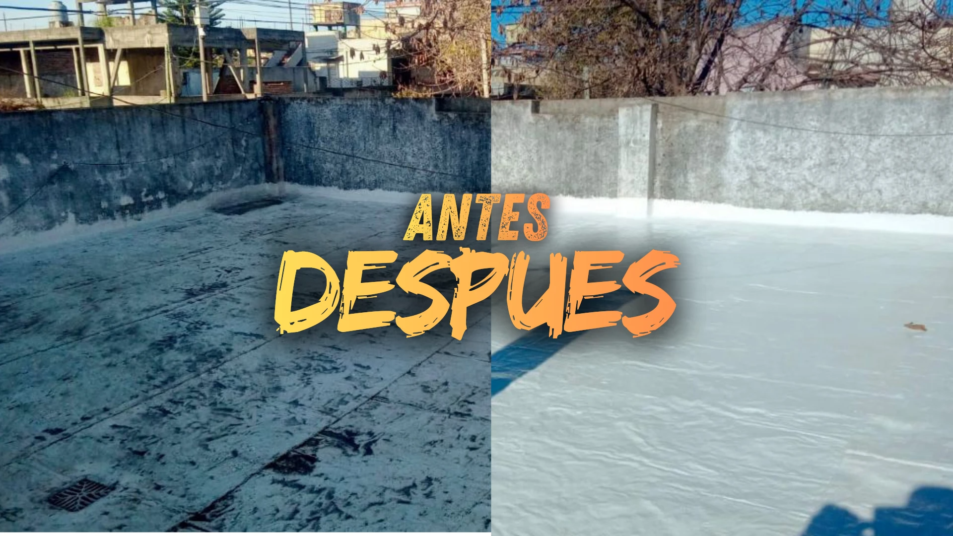 Superficie de una azotea dividida en dos, antes y después de aplicar el revestimiento, con las etiquetas «ANTES» y «DESPUÉS»
