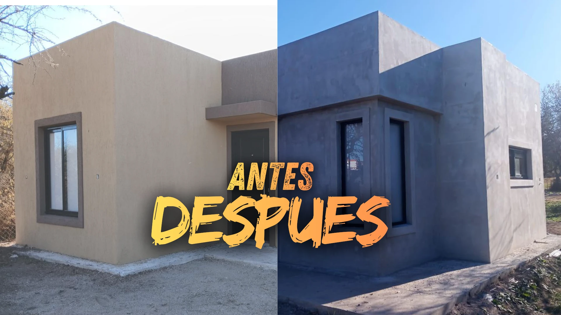Vista del exterior de una casa pequeña, antes y después, con paredes pintadas de color tostado y azul