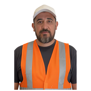 Hombre con gorra blanca y chaleco reflectante naranja sobre un fondo blanco liso