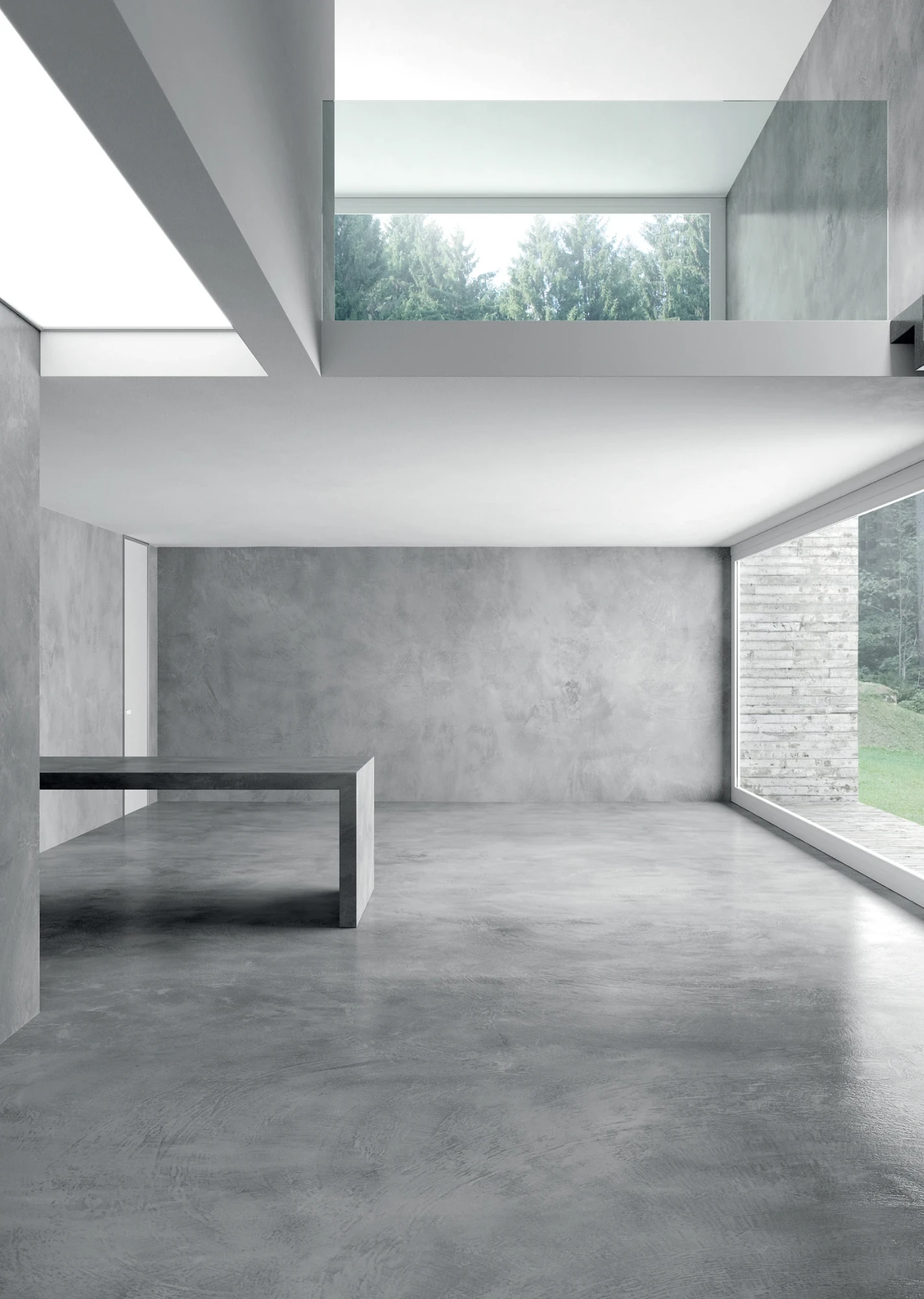 Sala moderna minimalista en tonos grises, con paredes de hormigón, grandes ventanales y tragaluz.