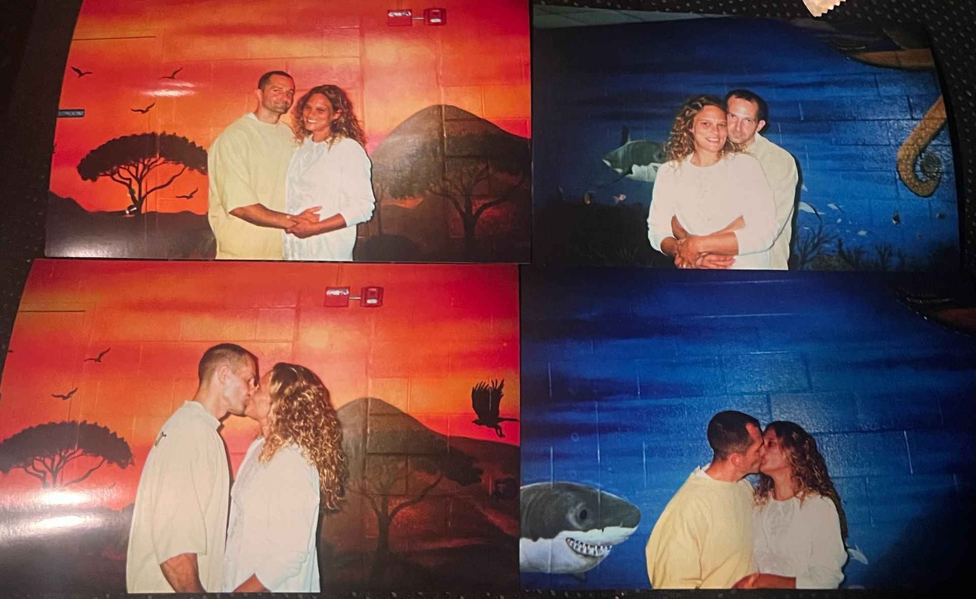 Four photos of a couple: sunset background, kissing; blue background, hugging.
