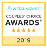 WeddingWire Couples' Choice Awards badge, yellow and white, five stars, 2019.