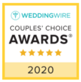WeddingWire Couples' Choice Award 2020 badge, white text on yellow, with five gold stars.