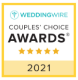 WeddingWire Couples' Choice Awards badge with 5-star rating, yellow border, and the year 2021.
