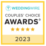 WeddingWire Couples' Choice Awards 2023 logo: yellow square with award text and five gold stars.