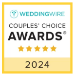 WeddingWire Couples' Choice Awards badge, yellow and white, five stars, 2024.