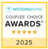 WeddingWire Couples' Choice Award badge, yellow with text and five stars for 2025.