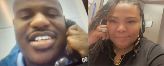 Two people on a video call. Man holding a phone close to his mouth; woman smiling.