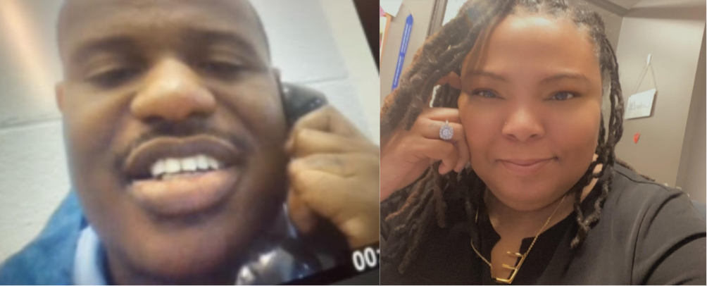 Two people in video call. Man talking on phone, woman in black smiling.