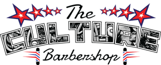 Logo for Chat House Barbershop with red-and-blue stars and stylized black lettering