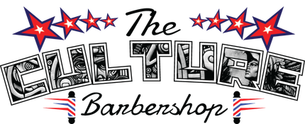 Logo for Chat House Barbershop with red-and-blue stars and stylized black lettering