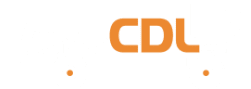 Orange “CDL” logo on a white background with two small orange dots below it