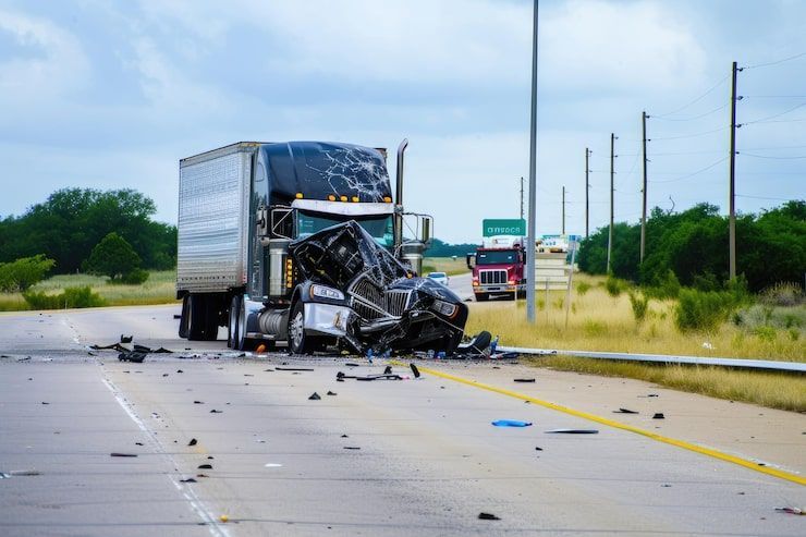 Semi-truck and car involved in a severe highway collision; wreckage and debris scattered on road.
