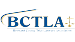 BCTLA logo: blue text with a curved line, scales of justice graphic, Broward County Trial Lawyers Association.