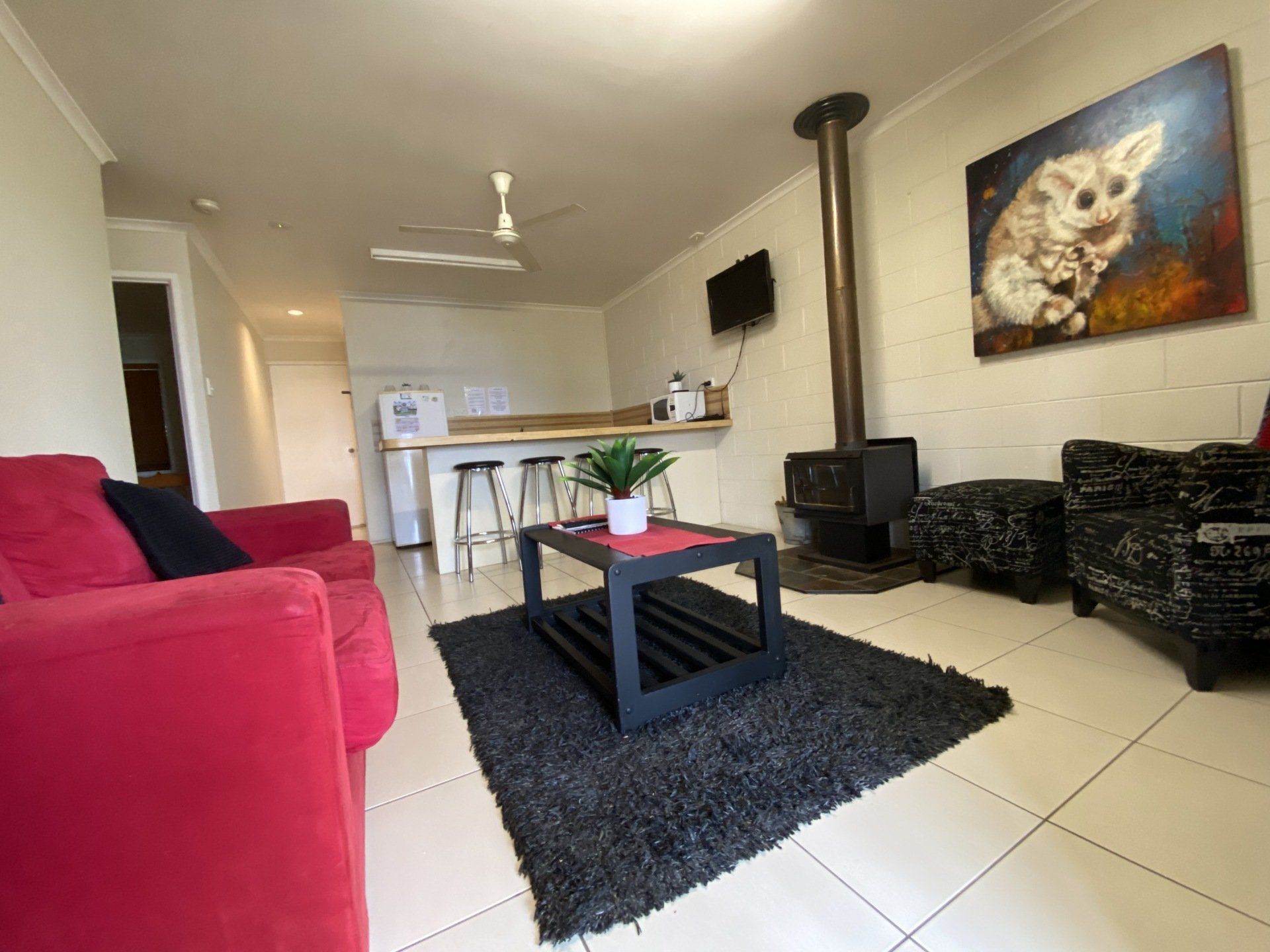 Living room with red sofa, black rug, and a wood-burning stove. Artwork of a cat hangs on the wall.