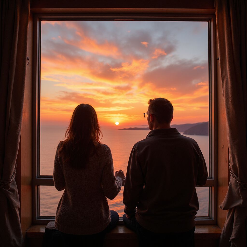 Couple seated, watching sunset over ocean through window. Orange, yellow sky; dark sea.