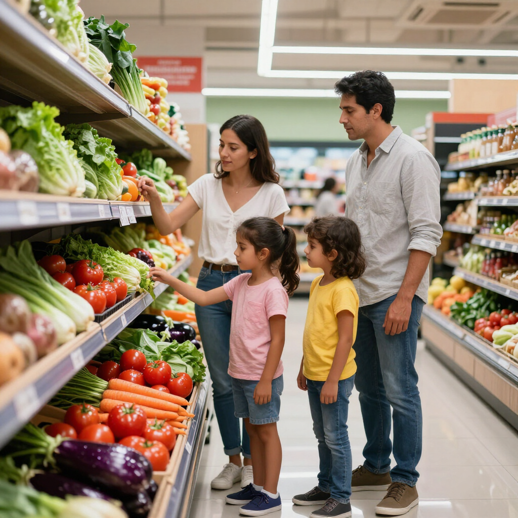 Familia eligiendo frutas y verduras orgánicas