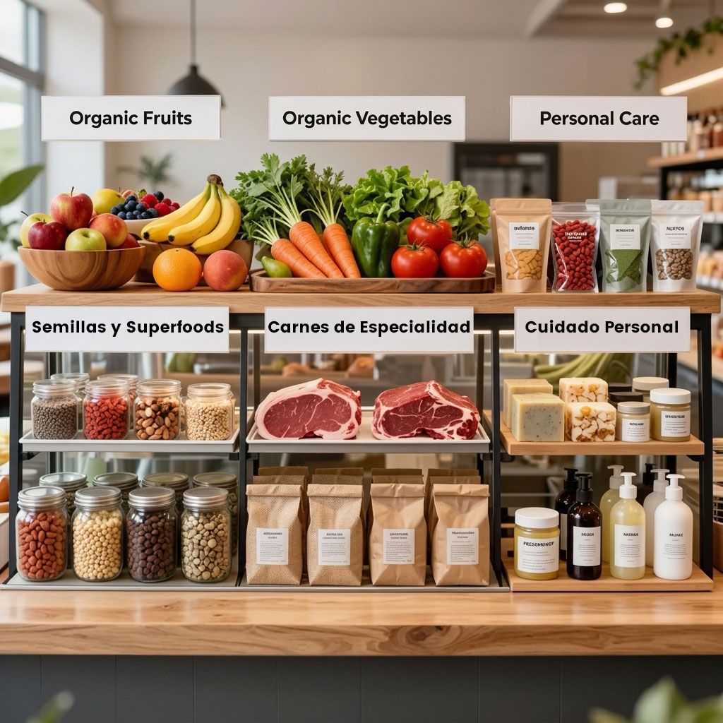 Mesa con selección completa de productos orgánicos de EMA Organic