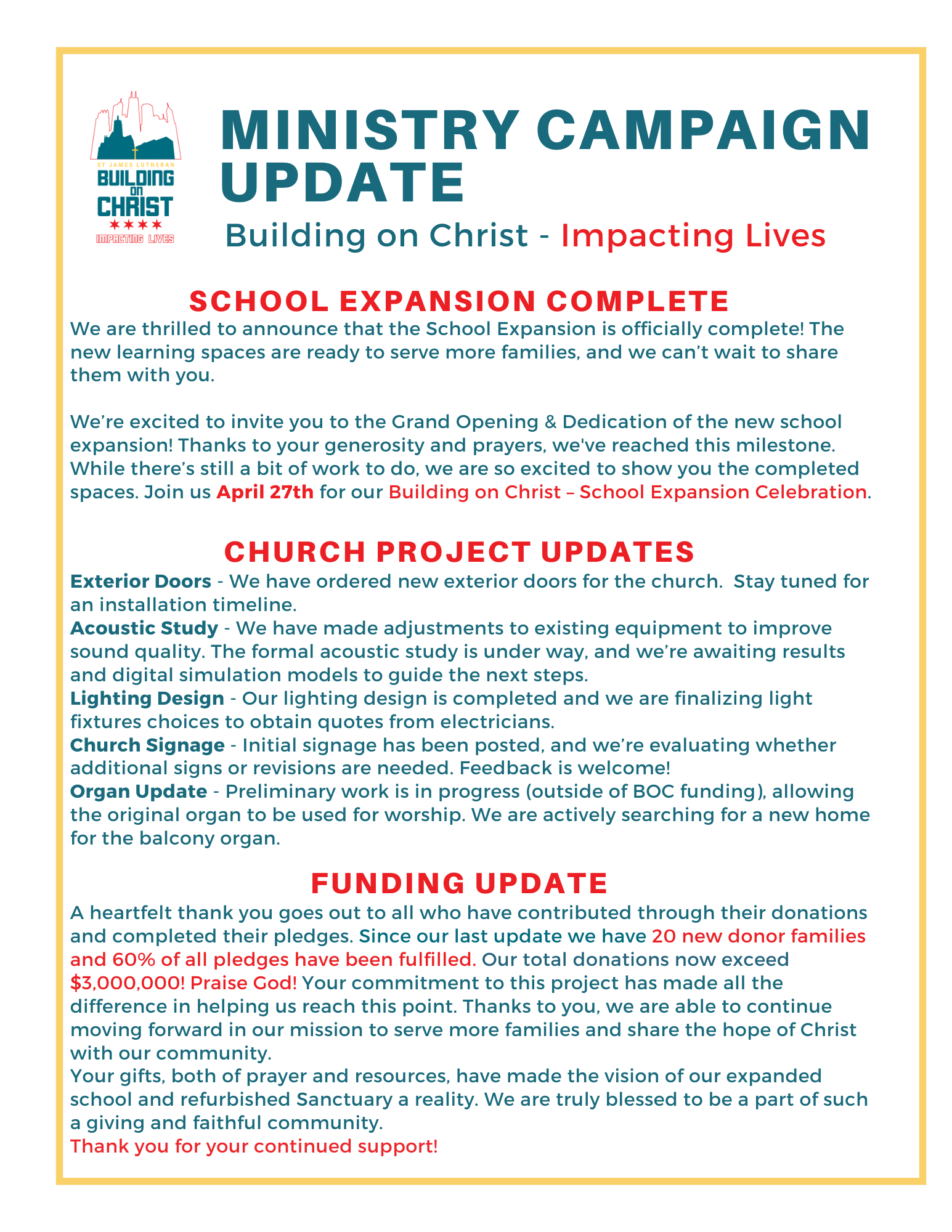 Ministry campaign update with text about school expansion, church projects, and funding.