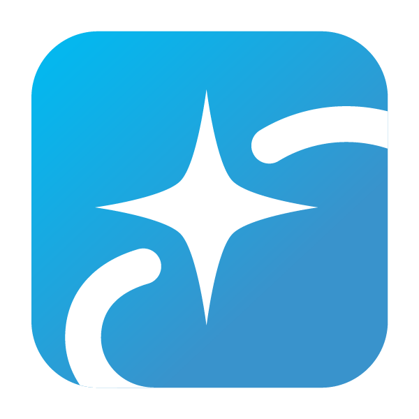 Blue app icon with a white star and swooshes.