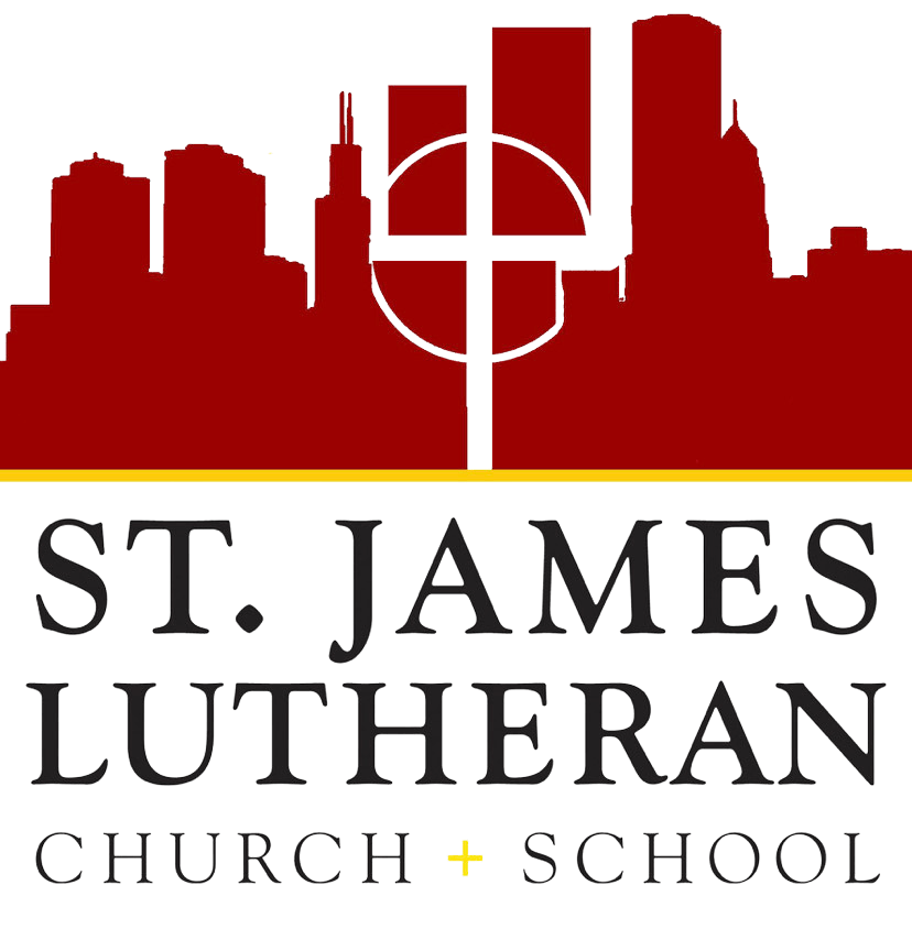 Red Chicago skyline with white cross, yellow line, black text: St. James Lutheran Church + School.