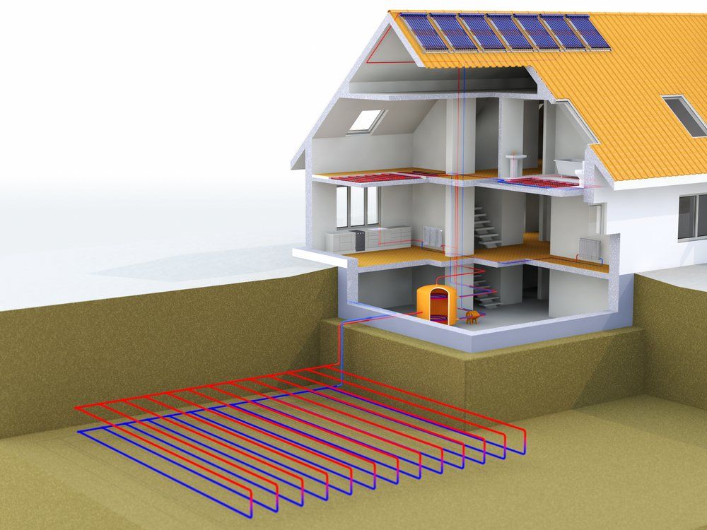 Vue en coupe d'une maison équipée d'un système de chauffage géothermique. Des tuyaux rouges et bleus sont enterrés et alimentent la maison.