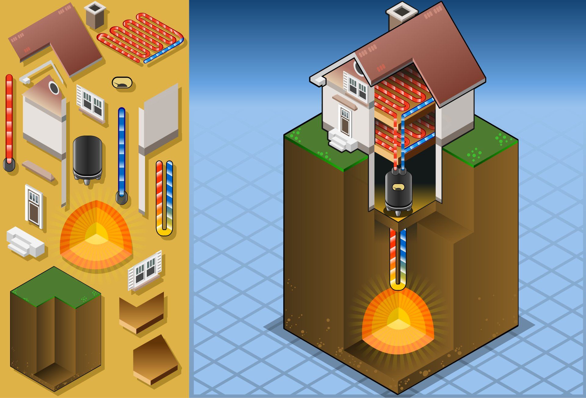 Une illustration isométrique d'une maison avec un système géothermique.