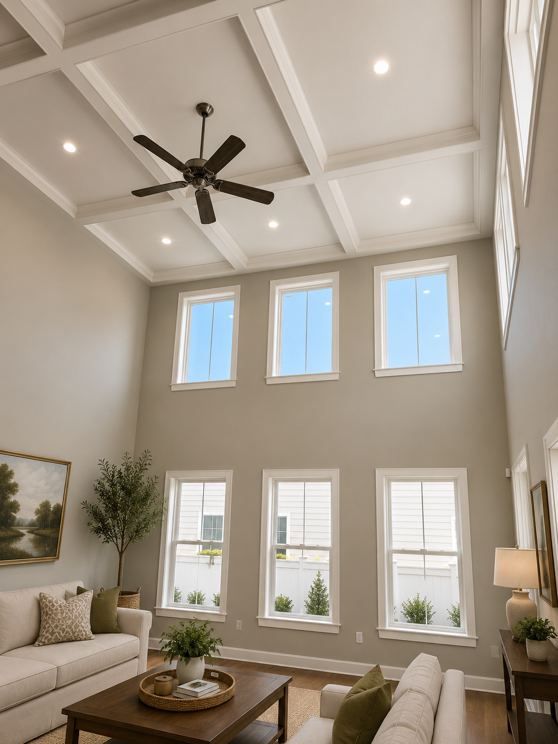 Bright living room with high coffered ceiling, large windows, ceiling fan, sofa, and coffee table