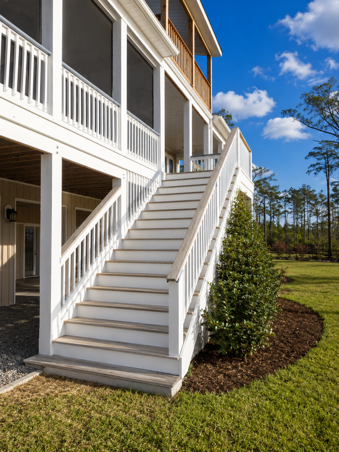 White house exterior with a staircase and porch under a blue sky