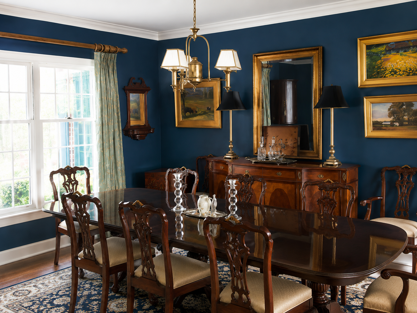 Elegant dining room with blue walls, wooden table, chandelier, and framed paintings