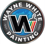 Wayne White Painting Services logo with house roof and paintbrush in navy, gold, and white