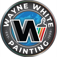 Wayne White Painting Services logo with house roof and paintbrush in navy, gold, and white