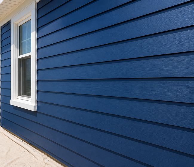 Blue clapboard house exterior with a white-framed window and beige foundation