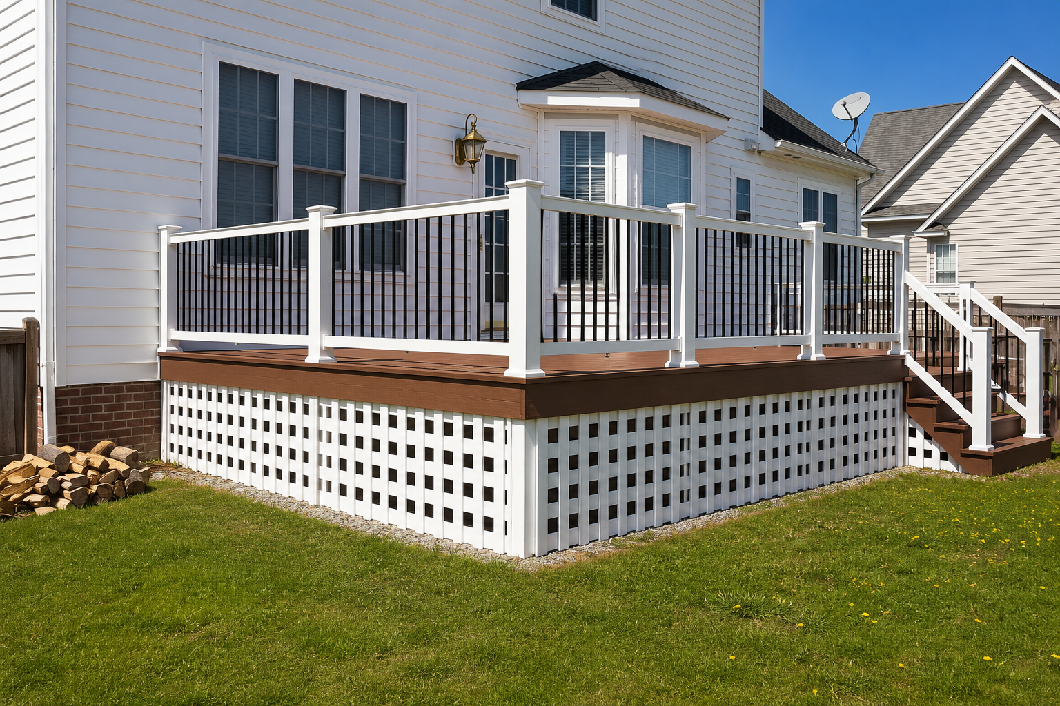 Raised wooden deck with white railing and lattice skirting beside a white house on a grassy lawn