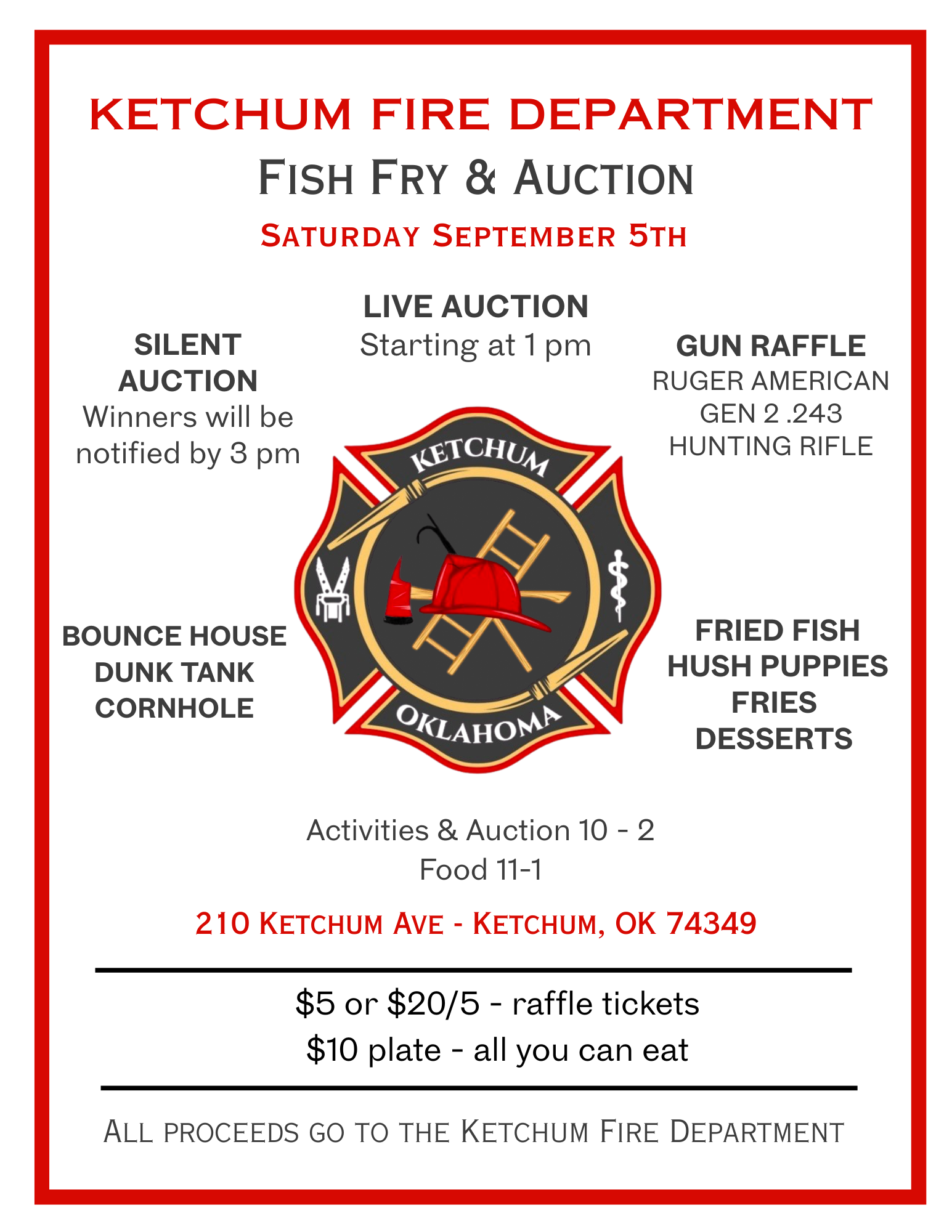Ketchum Fire Department Fish Fry & Auction poster with red border, date, food, auction, and raffle details