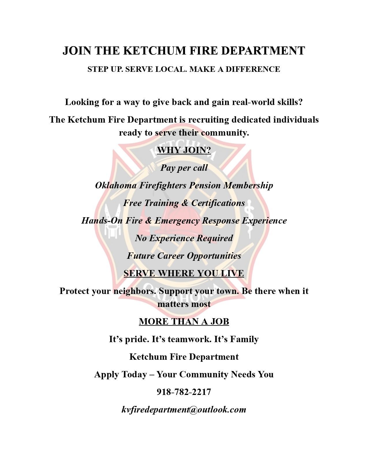 Join the Ketchum Fire Department recruitment flyer with benefits, training, and contact information.