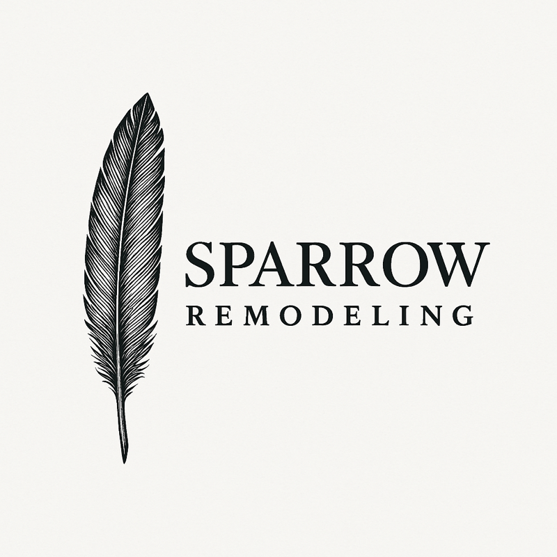 Logo for Sparrow Remodeling: feather illustration next to the text "SPARROW REMODELING."
