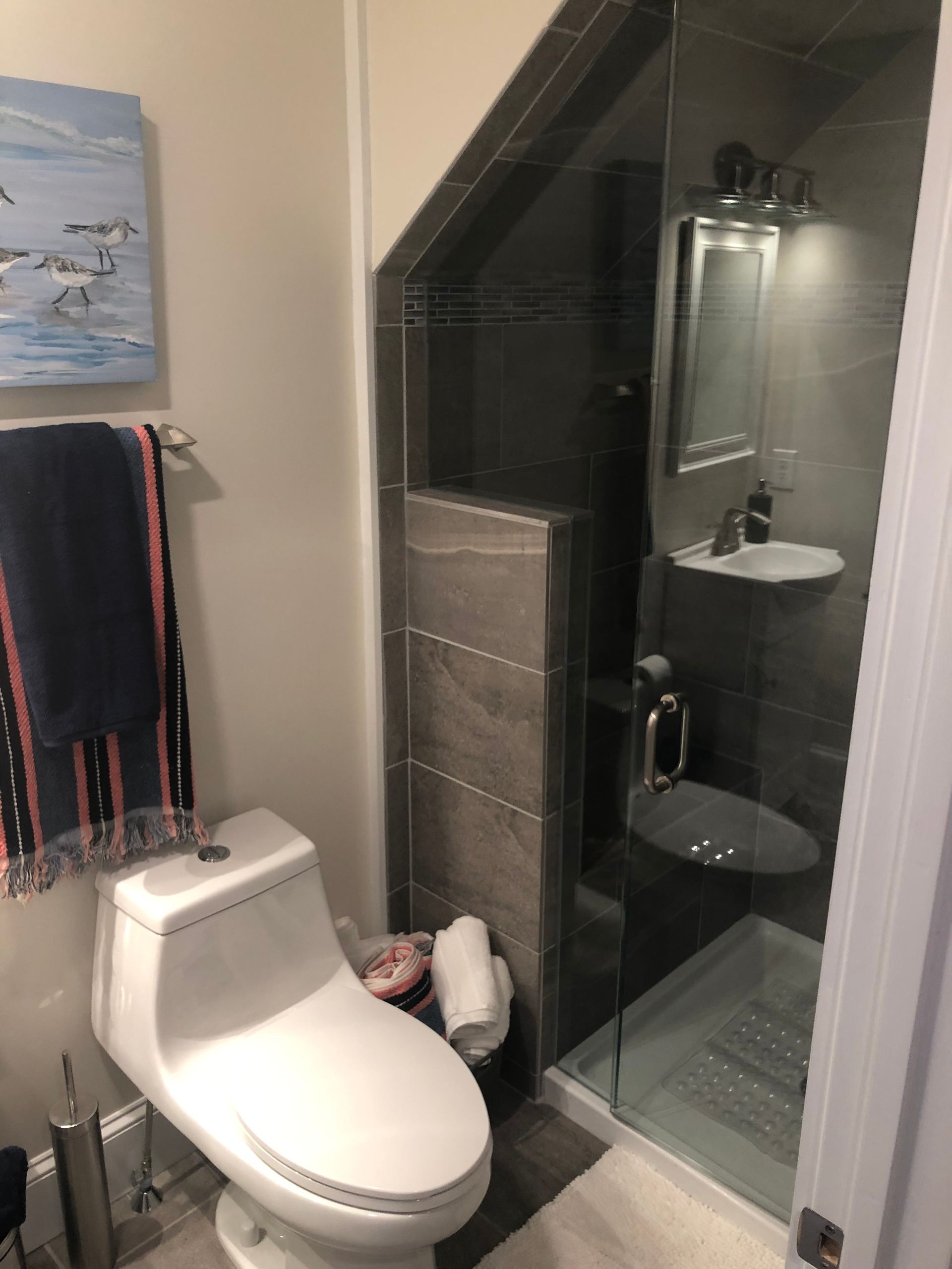 Small bathroom with a white toilet, shower, and a blue towel on the wall.