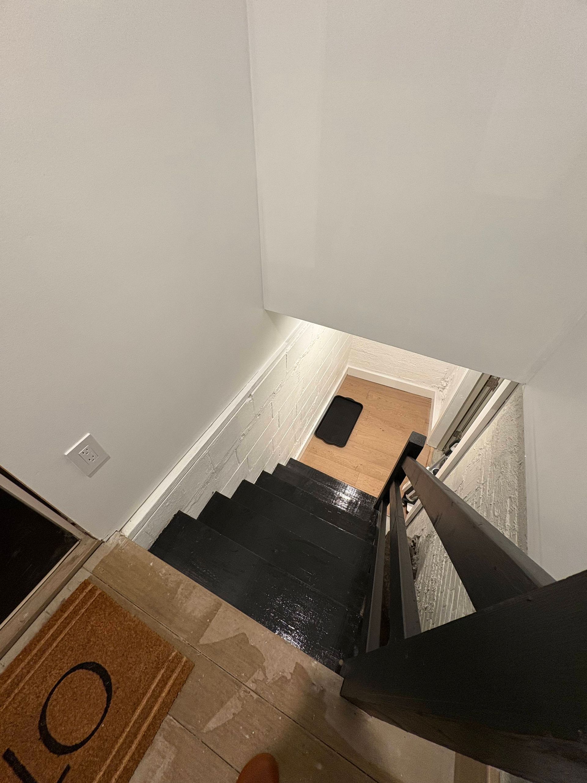 Looking down a set of stairs. Black painted steps, wooden landing, handrail. White walls, door with a welcome mat.