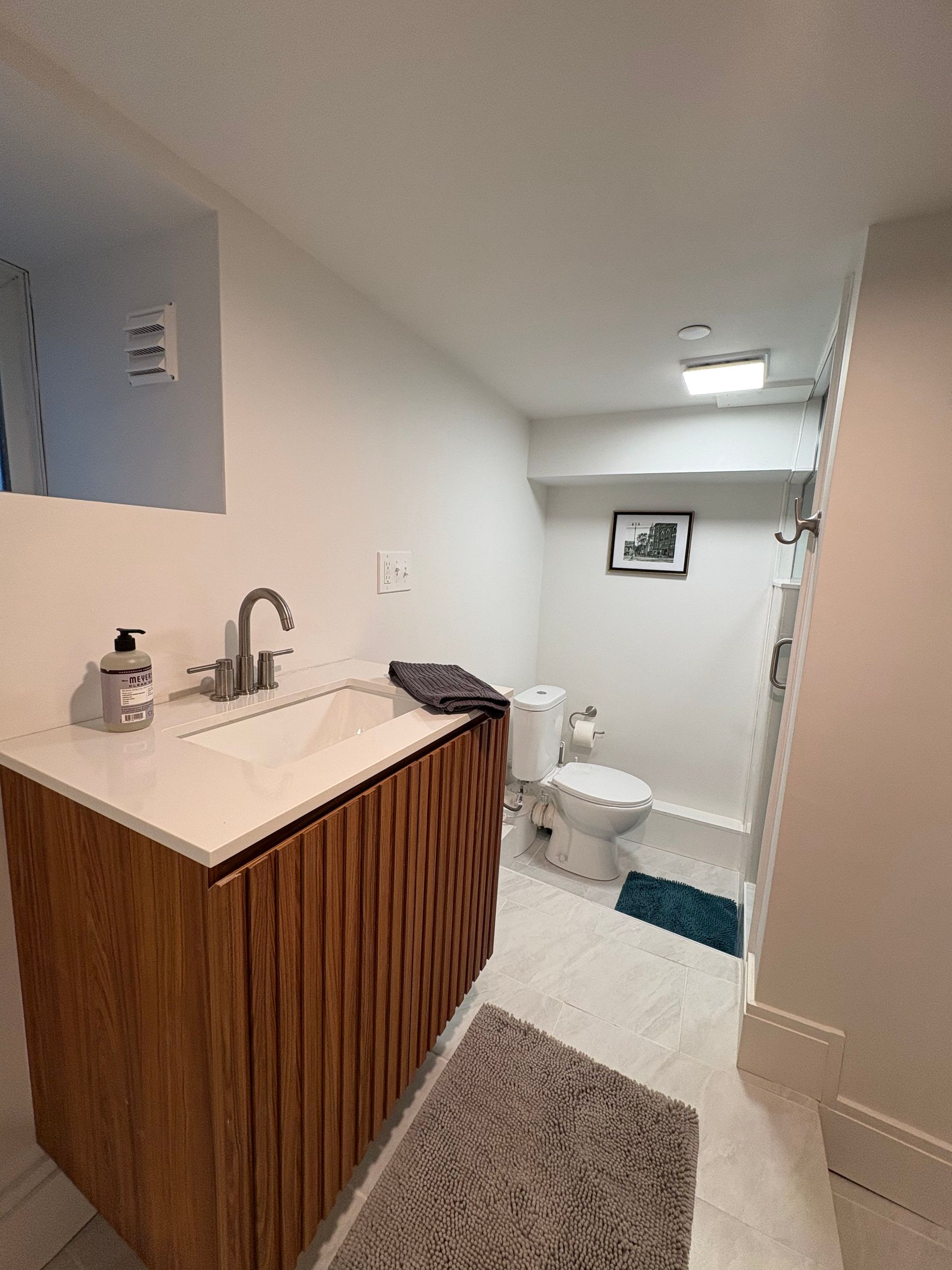 Small bathroom with a wood vanity, white toilet, and gray rug.