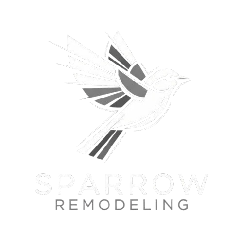 Sparrow Remodeling logo: stylized white bird in flight with gray accents, below text 