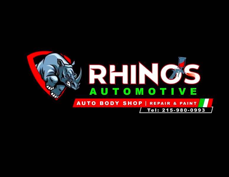 Logo for Rhino's Automotive, auto body shop. A rhino in a red shield, text in white and green on black background.