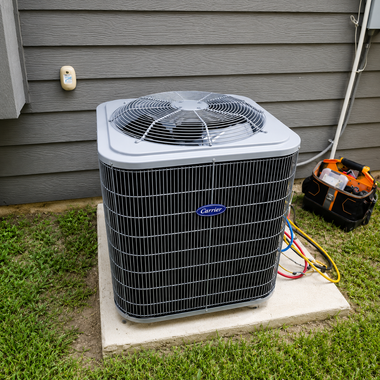Outdoor air conditioner condenser beside a house, with exposed service wires and a battery charger nearby