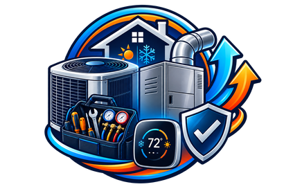 HVAC system icon with air conditioner, furnace, tools, thermostat, and arrows in blue-orange circle