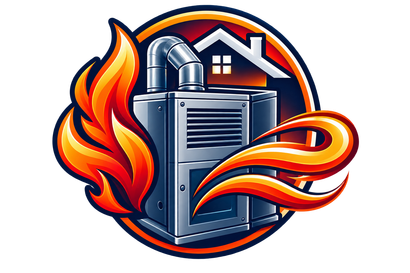 Flaming furnace with orange fire swirling around a metal HVAC unit and house icon emblem