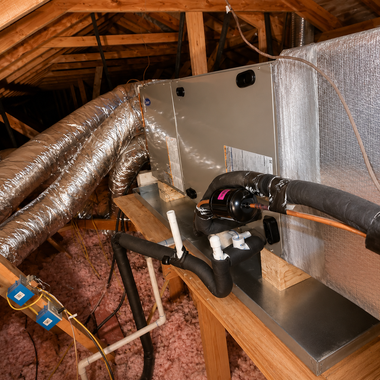 Attic HVAC ductwork and furnace with insulated silver ducts and exposed wooden rafters.