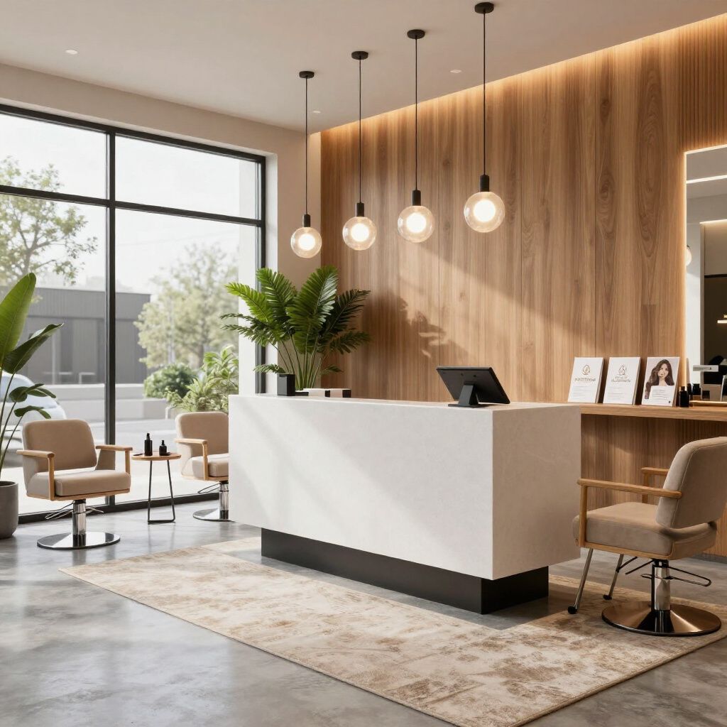 Modern reception area with white counter, wood paneling, globe pendant lights, and two tan chairs.