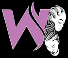 Purple "WY" logo with two women's heads showing braided hairstyles. Black background.